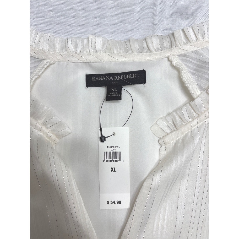 Banana Republic White Metallic Stripe Flutter Sleeve Ruffle Neck Blouse XL NWT - Picture 3 of 4